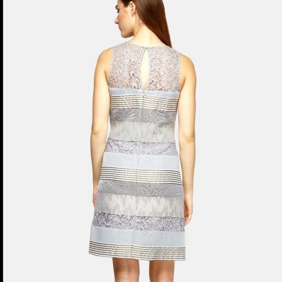 NWT $400 Kay Unger‎ Stripe Mixed Media Shift Dress Silver Blue Gold [Sz 10 ] - Picture 3 of 6